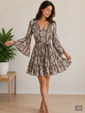 WHBM V-Neck Snake Print Tiered Mini Dress in Neutral Taupe with adjustable slip.